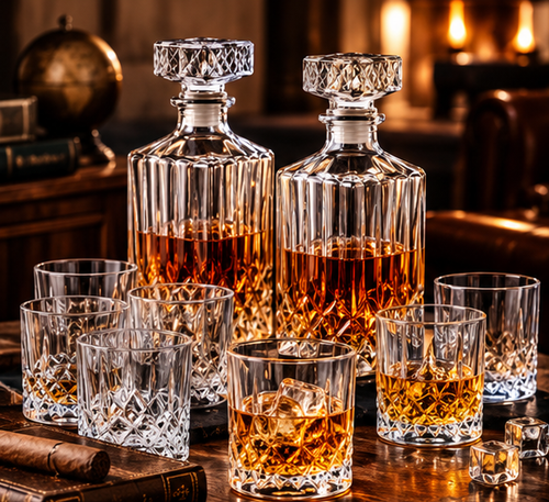 10 Teiliges Whisky Karaffe Whiskygläser Set, Bleifrei Kristallgläser, 900 ml Whiskey Dekanter mit 8x 200ml Gläser für Scotch, Cognac, Whiskykaraffe, Gläser