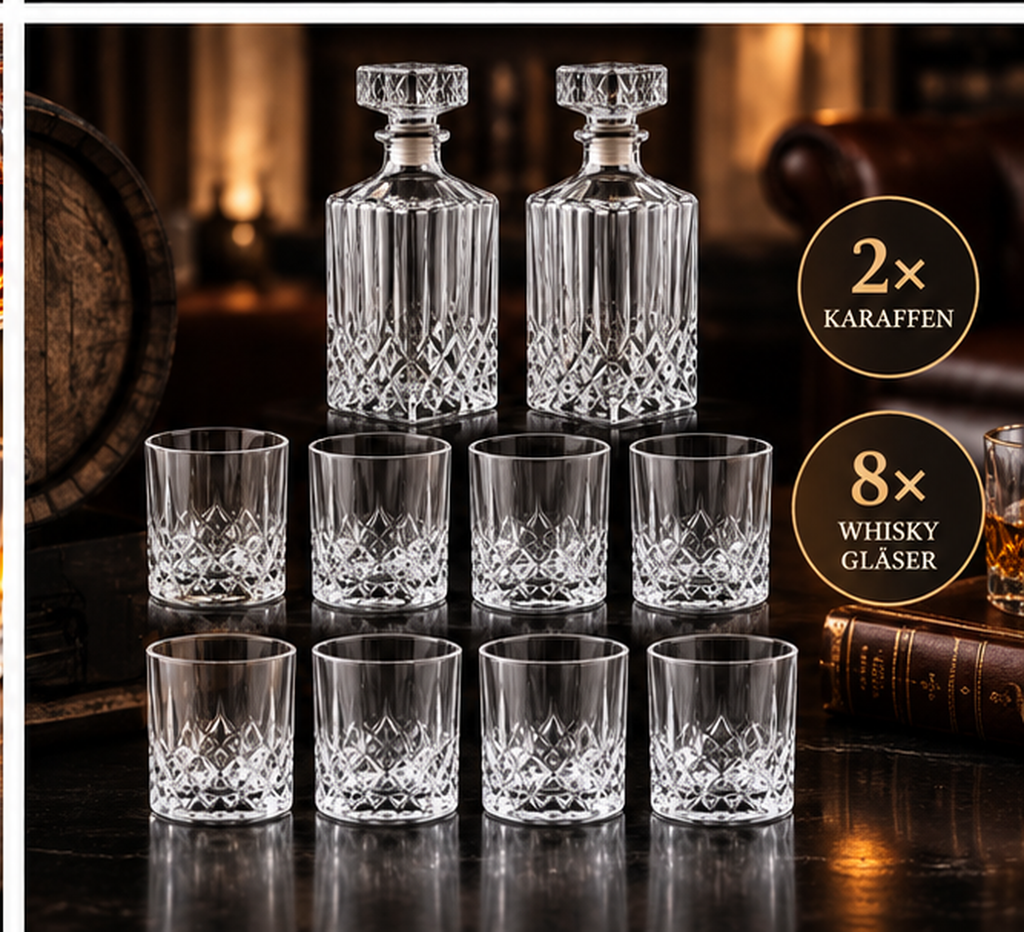 10 Teiliges Whisky Karaffe Whiskygläser Set, Bleifrei Kristallgläser, 900 ml Whiskey Dekanter mit 8x 200ml Gläser für Scotch, Cognac, Whiskykaraffe, Gläser