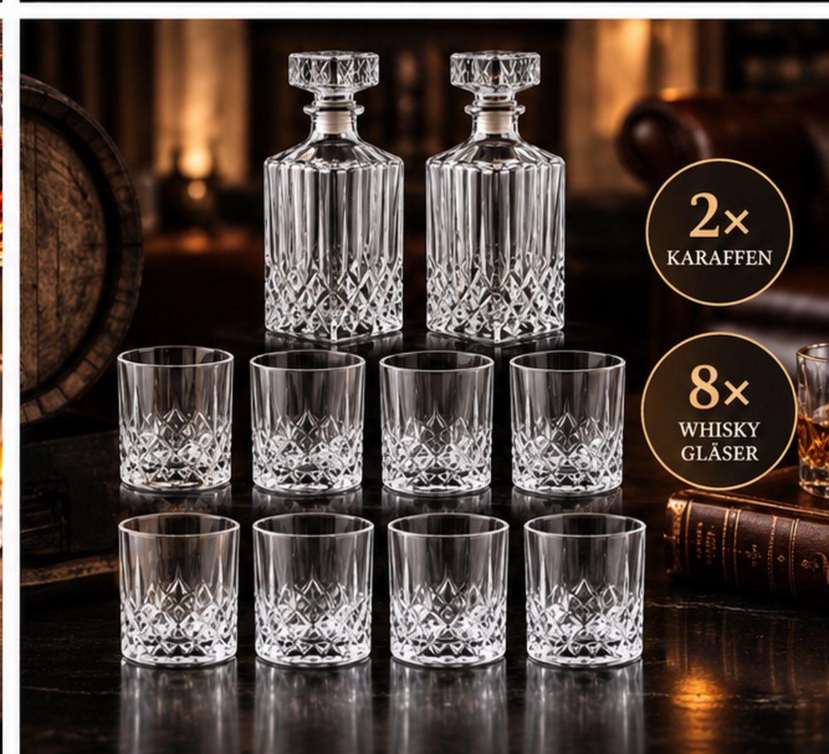 10 Teiliges Whisky Karaffe Whiskygläser Set, Bleifrei Kristallgläser, 900 ml Whiskey Dekanter mit 8x 200ml Gläser für Scotch, Cognac, Whiskykaraffe, Gläser