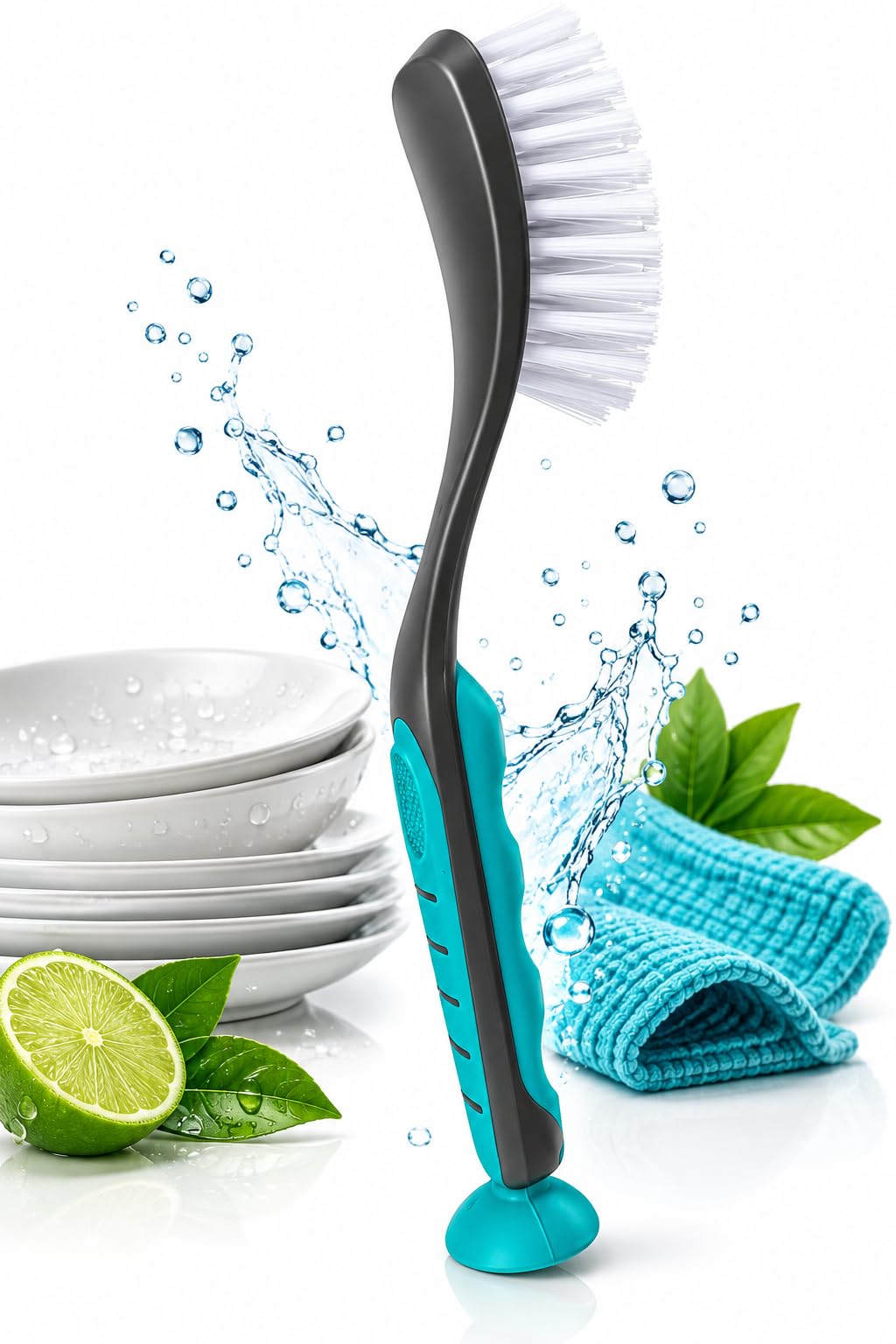 BeBuy24 Spülbürsten 4er-Set mit Saugnapf – Grau/Türkis, 28,5 cm