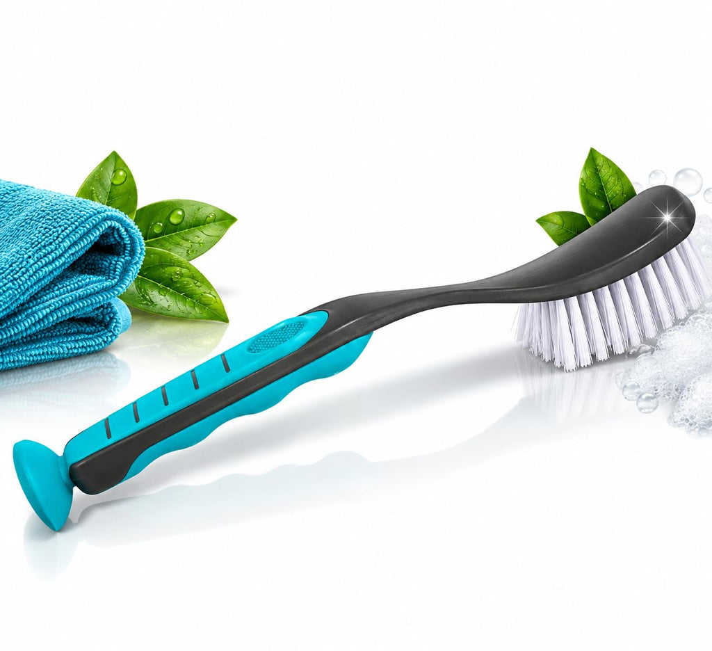 BeBuy24 Spülbürsten 4er-Set mit Saugnapf – Grau/Türkis, 28,5 cm