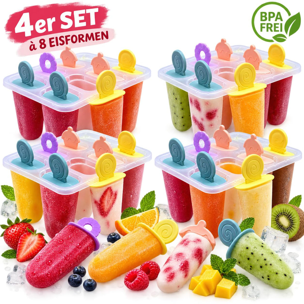 BeBuy24 Eisformen 4er-Set mit je 8 Fächern – Eis am Stiel selber machen