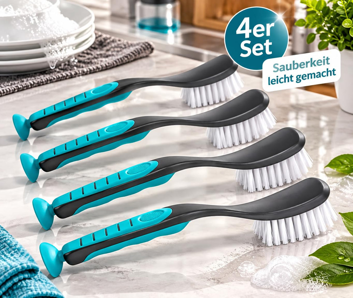 BeBuy24 Spülbürsten 4er-Set mit Saugnapf – Grau/Türkis, 28,5 cm