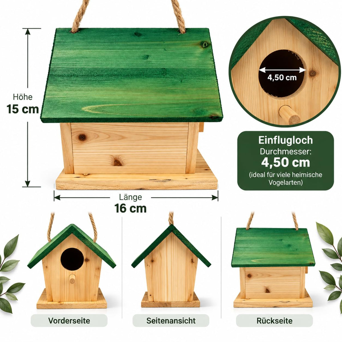 BeBuy24 Nistkasten 2er-Set aus Holz – Vogelhäuser mit grünem Dach