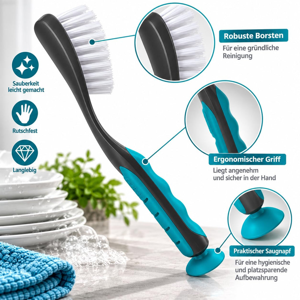 BeBuy24 Spülbürsten 4er-Set mit Saugnapf – Grau/Türkis, 28,5 cm