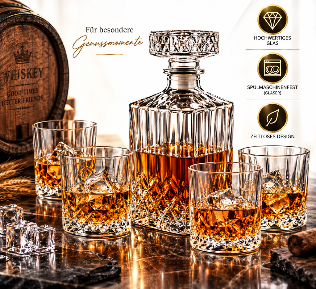 10 Teiliges Whisky Karaffe Whiskygläser Set, Bleifrei Kristallgläser, 900 ml Whiskey Dekanter mit 8x 200ml Gläser für Scotch, Cognac, Whiskykaraffe, Gläser