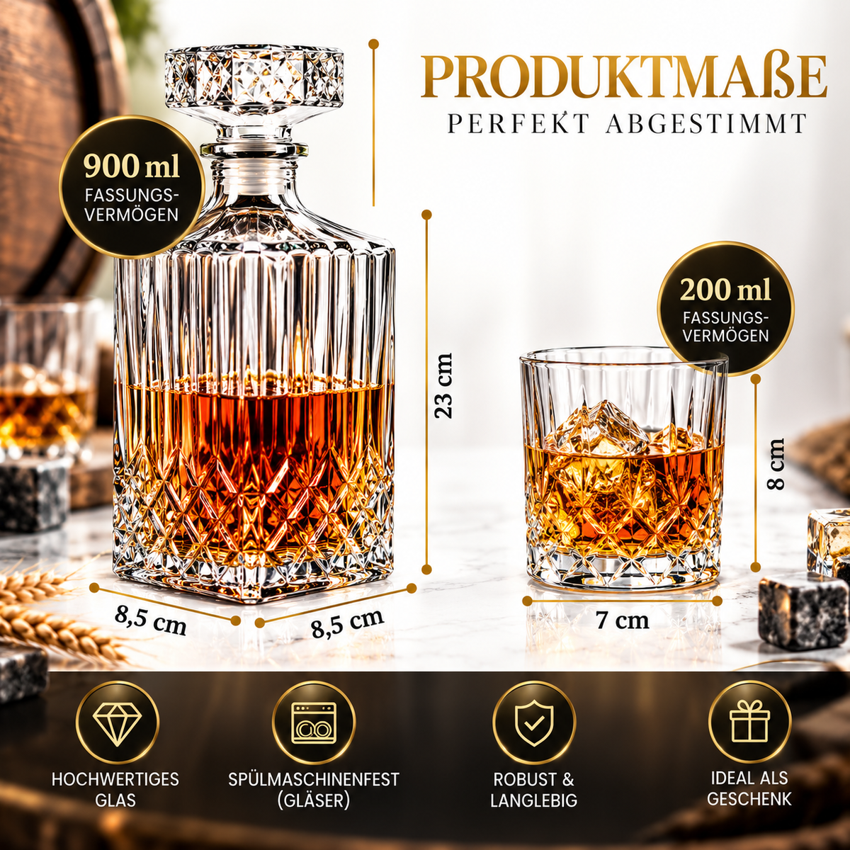 10 Teiliges Whisky Karaffe Whiskygläser Set, Bleifrei Kristallgläser, 900 ml Whiskey Dekanter mit 8x 200ml Gläser für Scotch, Cognac, Whiskykaraffe, Gläser