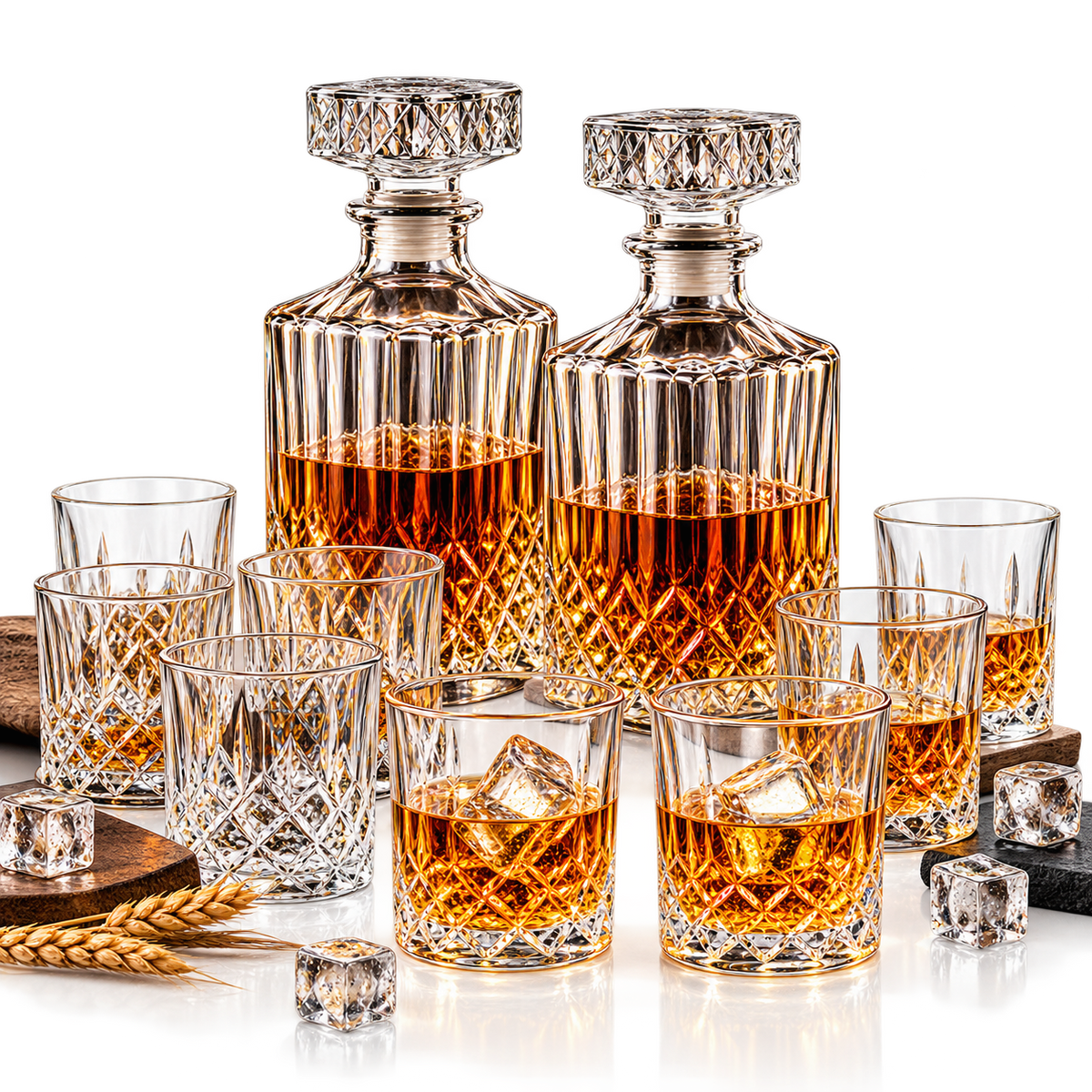 10 Teiliges Whisky Karaffe Whiskygläser Set, Bleifrei Kristallgläser, 900 ml Whiskey Dekanter mit 8x 200ml Gläser für Scotch, Cognac, Whiskykaraffe, Gläser